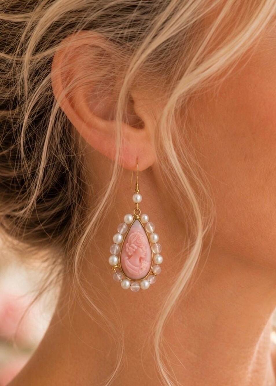 Vintage Italian 14K Gold Cameo Earrings | Hand-Carved Shell, Pearl, Pink Quartz